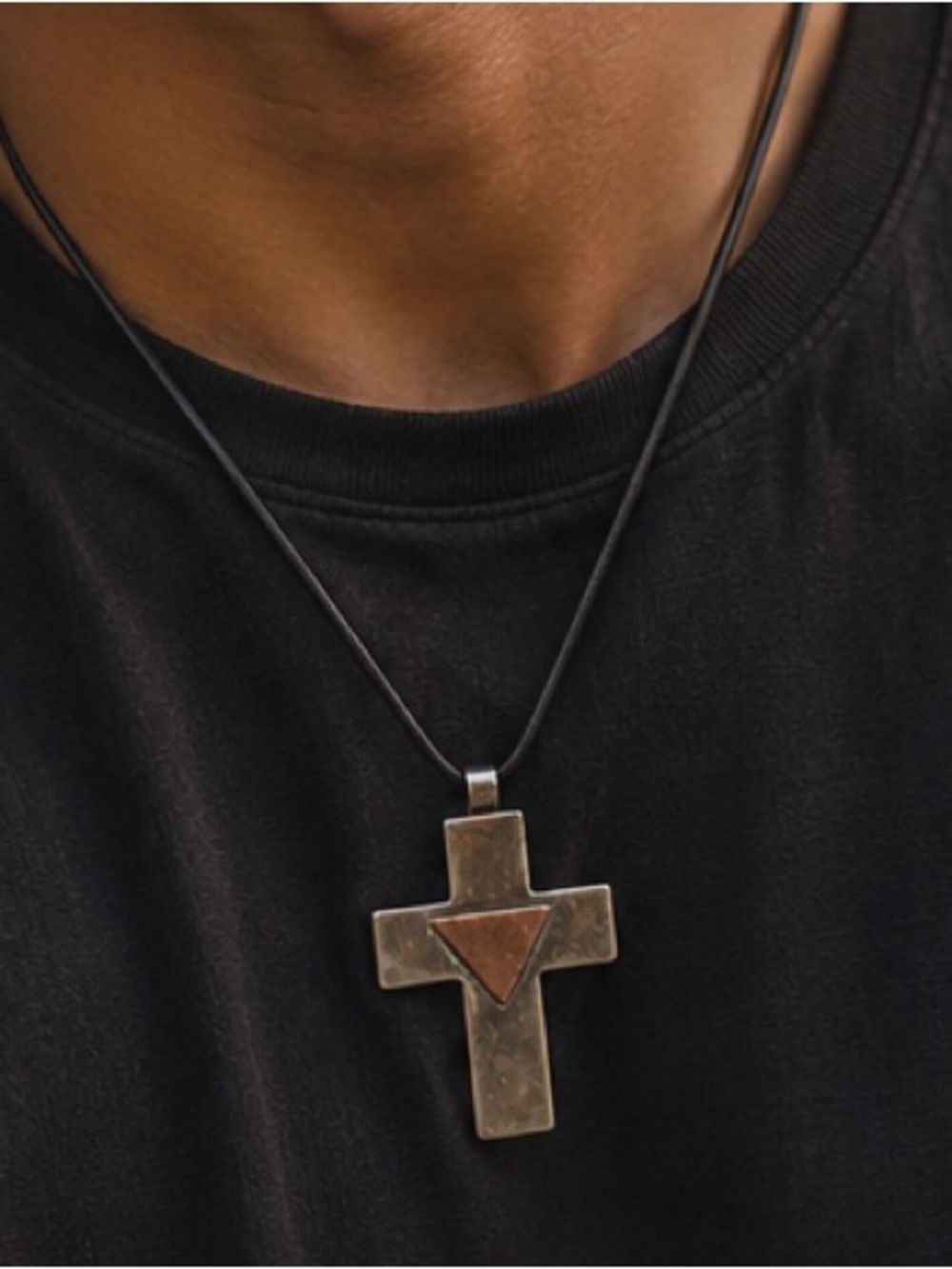 2” solid Sterling silver 925 cross pendant on leather cord 11.5 grams